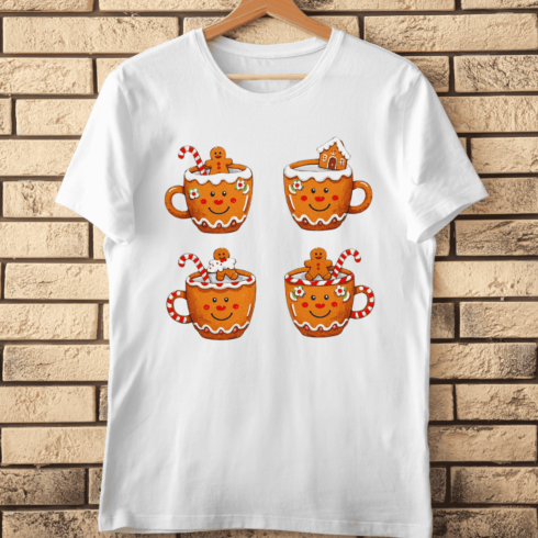 Festive Winter Drink Mugs and Gingerbread Cookies T-Shirt Design cover image.