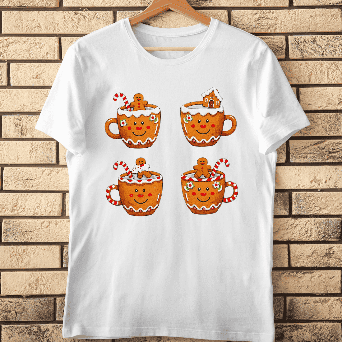 Festive Winter Drink Mugs and Gingerbread Cookies T-Shirt Design cover image.
