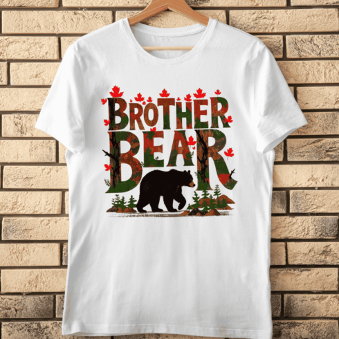 Forest Theme Brother Bear with Autumn Leaves T-Shirt Design cover image.