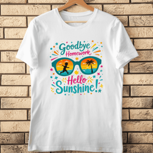 Goodbye Homework Hello Sunshine T-Shirt Design cover image.