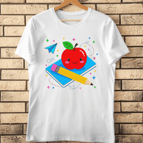 Cute School Apple Book Pencil T-Shirt Design cover image.