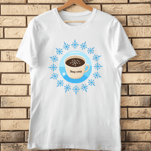 Stay Cozy Hot Chocolate Snowflakes T-Shirt Design cover image.