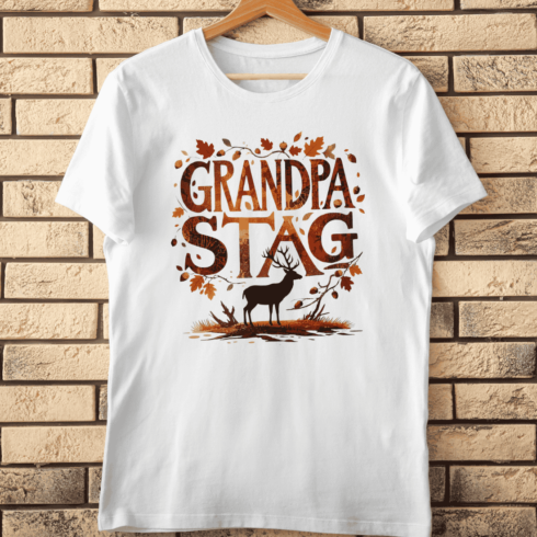 Rustic Grandpa Stag with Fall Leaves T-Shirt Design cover image.