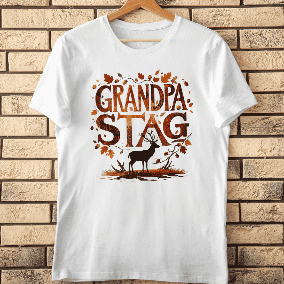 Rustic Grandpa Stag with Fall Leaves T-Shirt Design cover image.