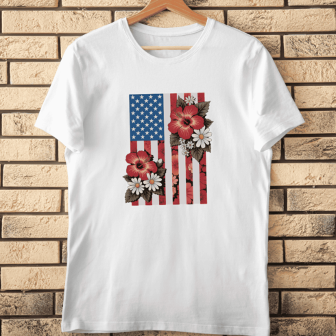 American Flag with Red Hibiscus and Daisies T-Shirt Design cover image.