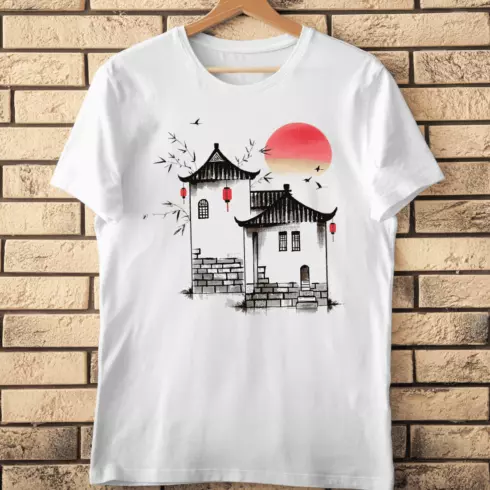 Asian Landscape Traditional Buildings T-Shirt Design cover image.