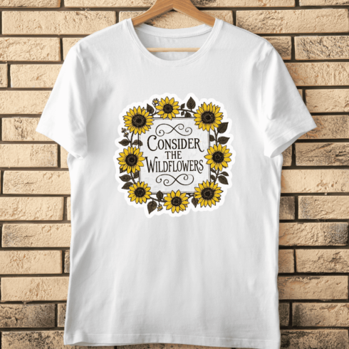 Consider the Wildflowers Sunflower Wreath T-Shirt Design cover image.