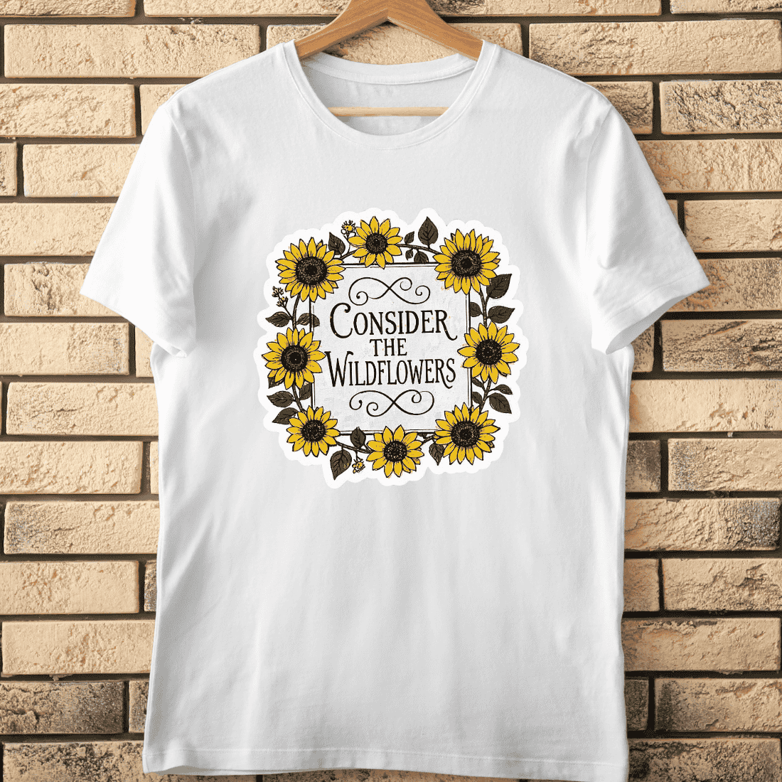 Consider the Wildflowers Sunflower Wreath T-Shirt Design cover image.