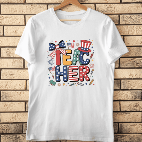 Independence Day Teacher Typography T-Shirt Design cover image.