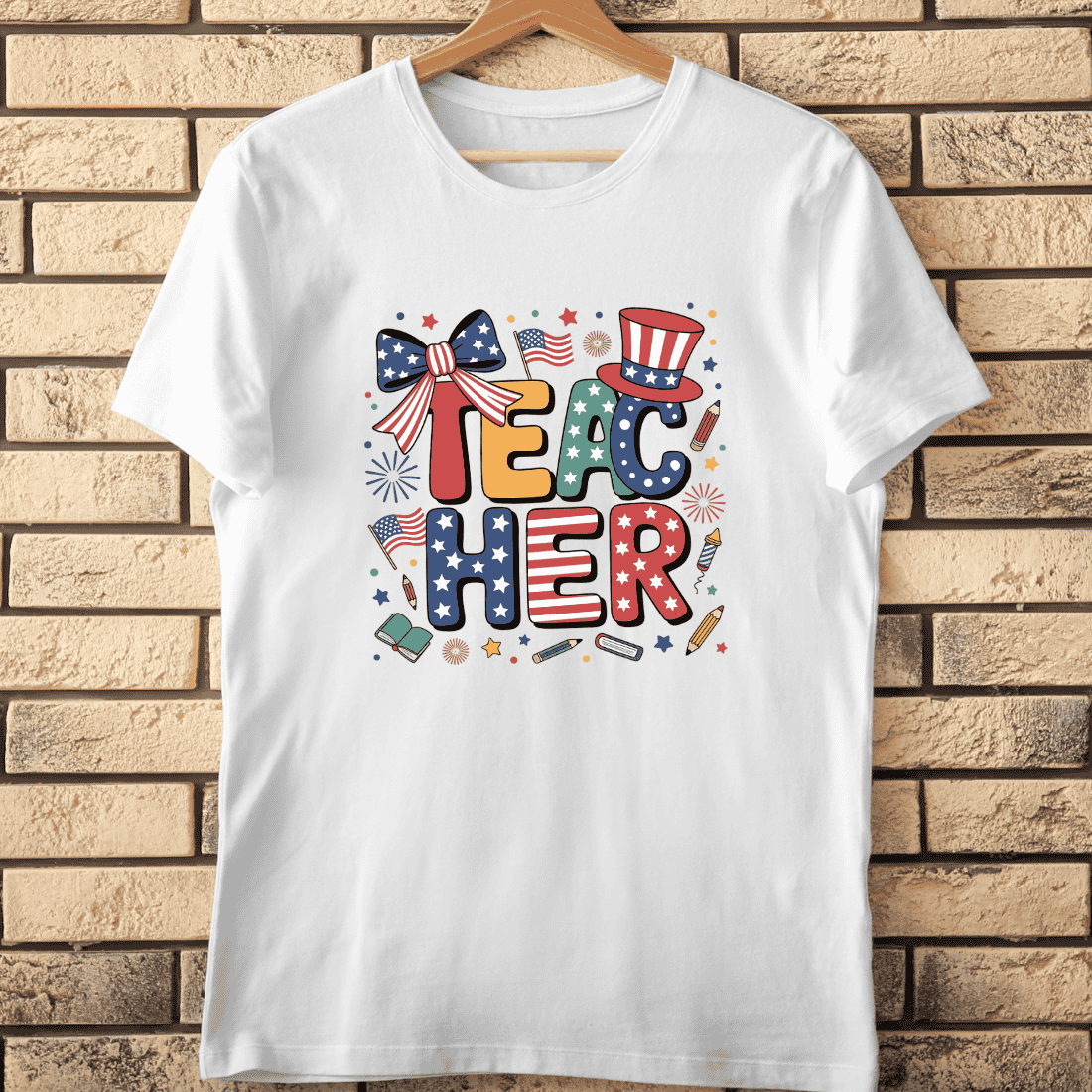 Independence Day Teacher Typography T-Shirt Design cover image.