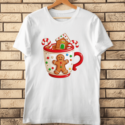 Cute Gingerbread Man Mug with Candy Canes T-Shirt Design cover image.