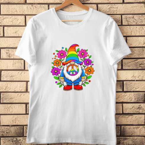 Hippie Gnome with Flowers T-Shirt Design cover image.