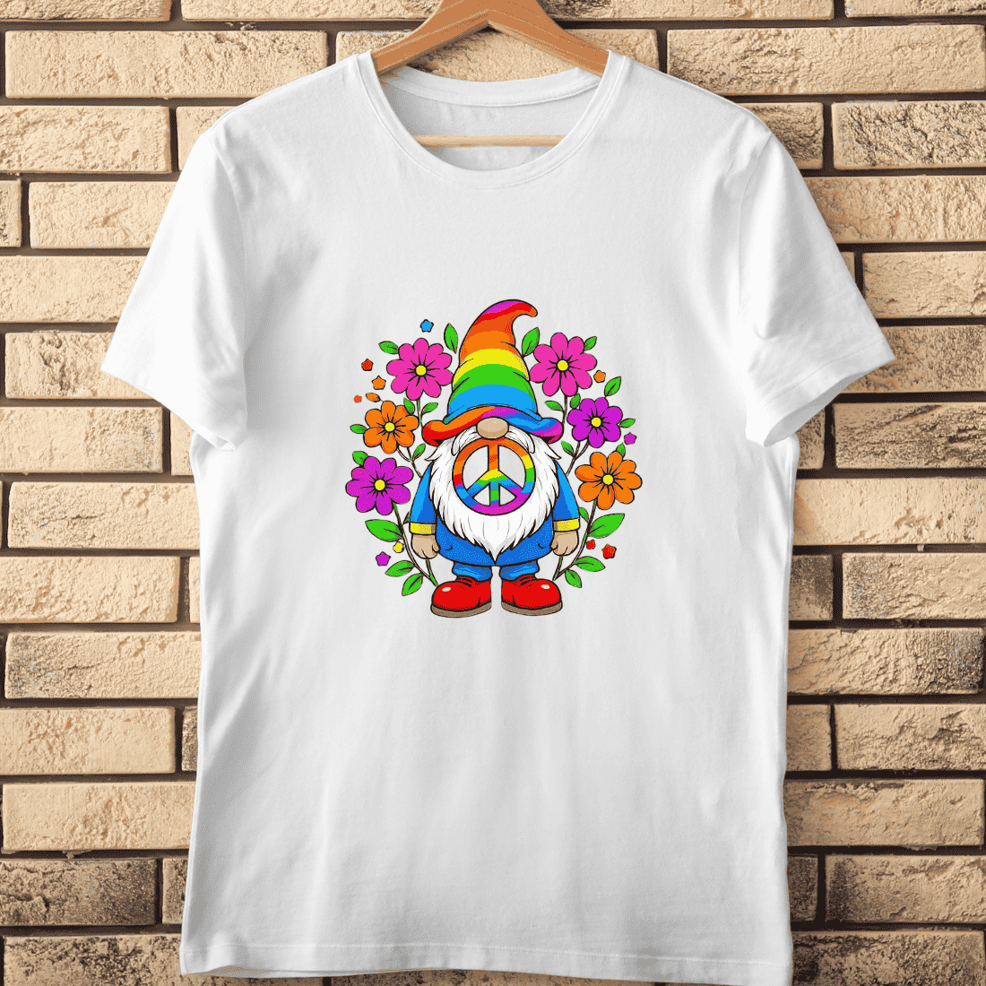 Hippie Gnome with Flowers T-Shirt Design cover image.