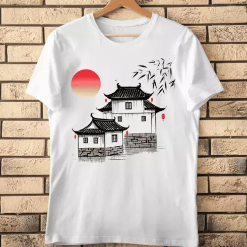 Chinese Village Ink Wash T-Shirt Design cover image.