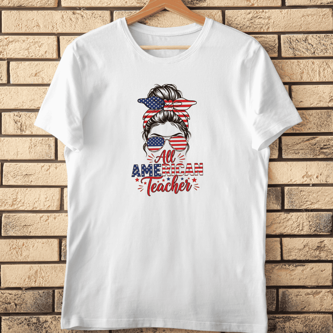 All American Teacher Messy Bun T-Shirt Design cover image.