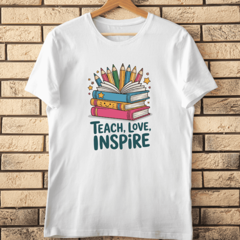 Teacher Appreciation Inspire Love Teach T-Shirt Design cover image.