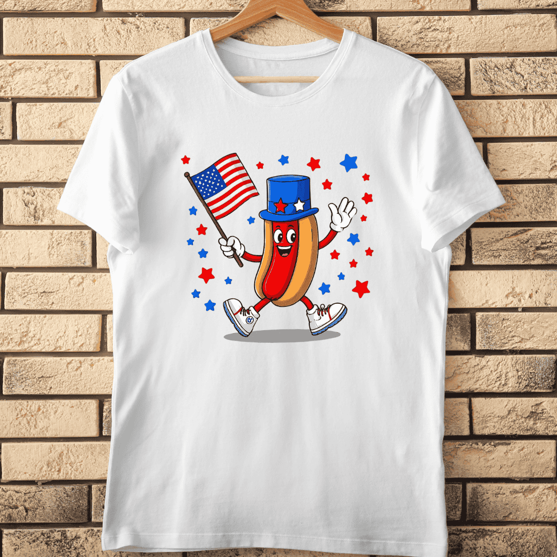 Patriotic Hot Dog with American Flag T-Shirt Design cover image.