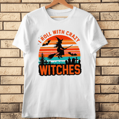 Spooky Sunset with Witch Silhouette T-Shirt Design cover image.