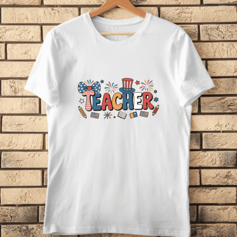 USA Flag Theme Teacher Appreciation T-Shirt Design cover image.