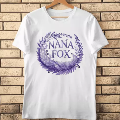 Whimsical Grandma Fox with Purple Foliage T-Shirt Design cover image.