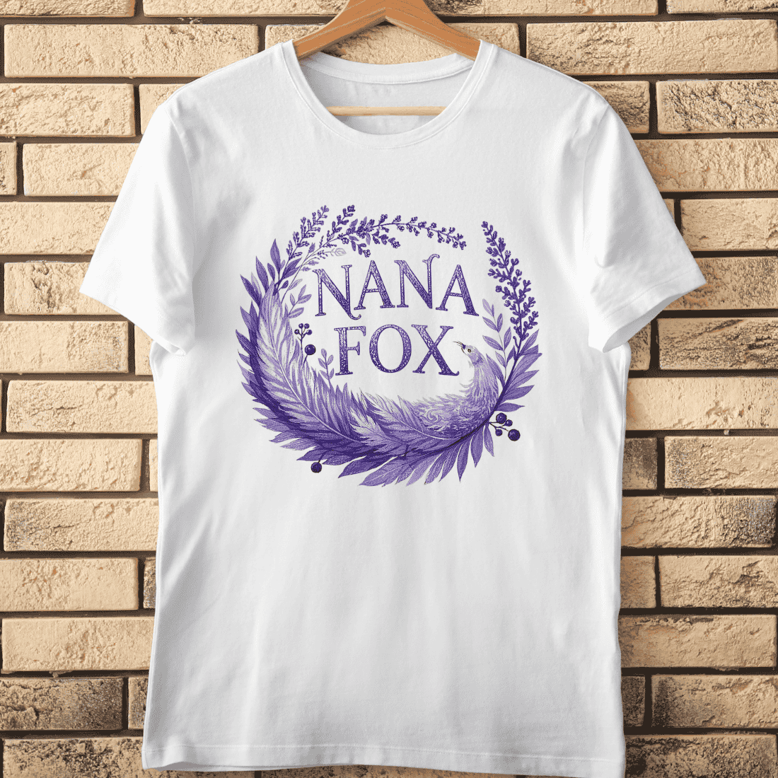 Whimsical Grandma Fox with Purple Foliage T-Shirt Design cover image.
