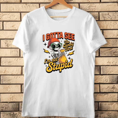 Funny Skeleton with Candy Bag T-Shirt Design cover image.
