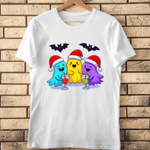 Adorable Ghosts Party with Bats and Stars T-Shirt Design cover image.