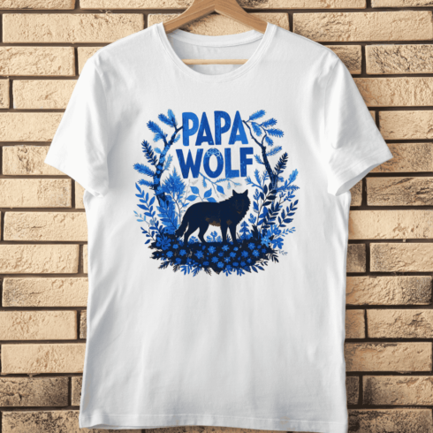 Papa Wolf Forest with Blue Botanicals T-Shirt Design cover image.