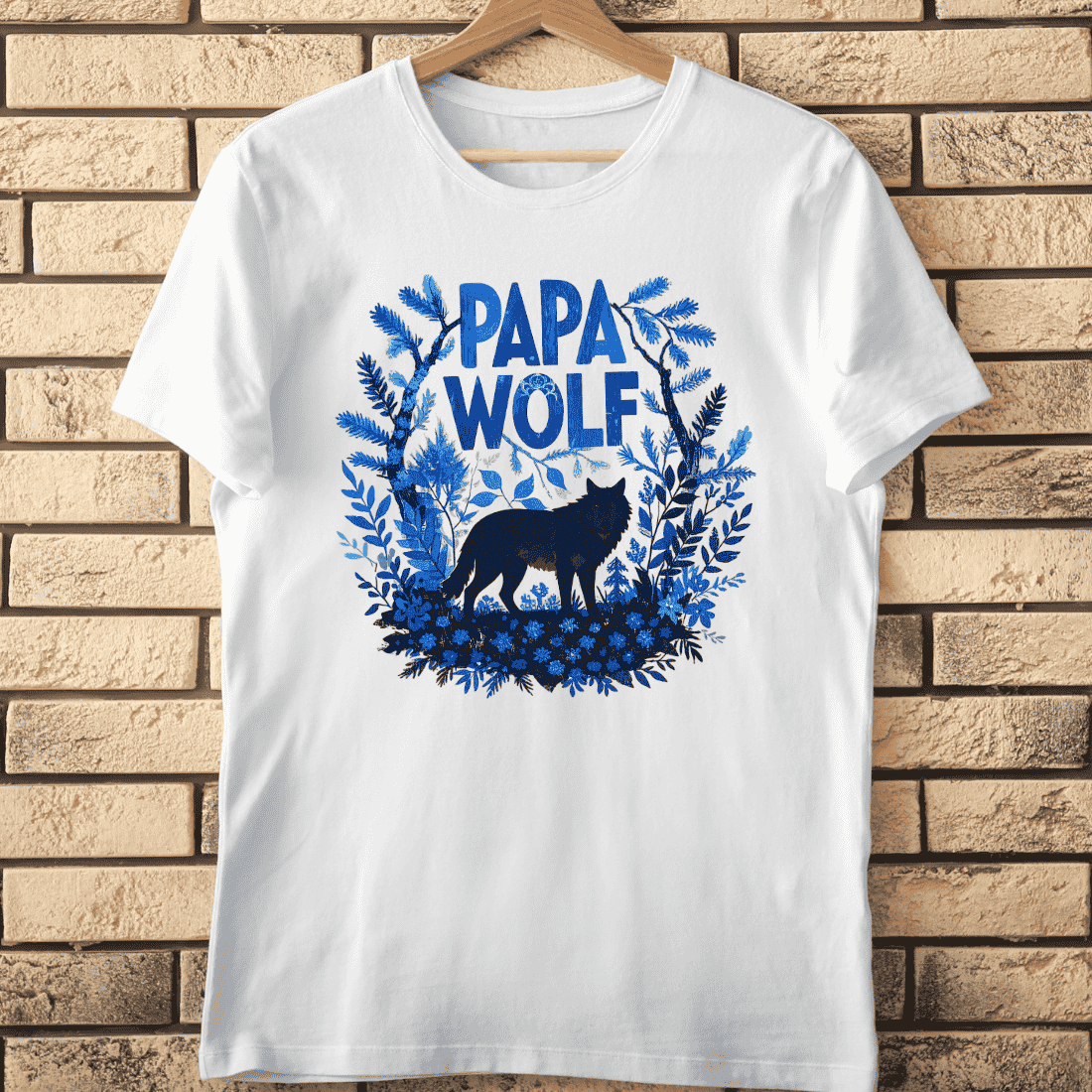 Papa Wolf Forest with Blue Botanicals T-Shirt Design cover image.