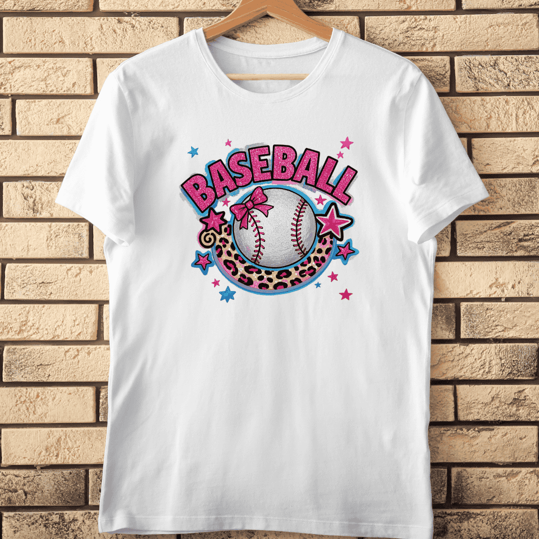Baseball Glitter Pink Bow Leopard Moon T-Shirt Design cover image.