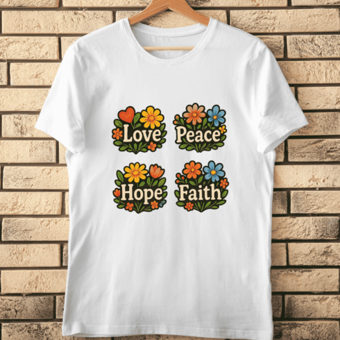 Love Peace Hope Faith Retro PNG T-Shirt Design cover image.