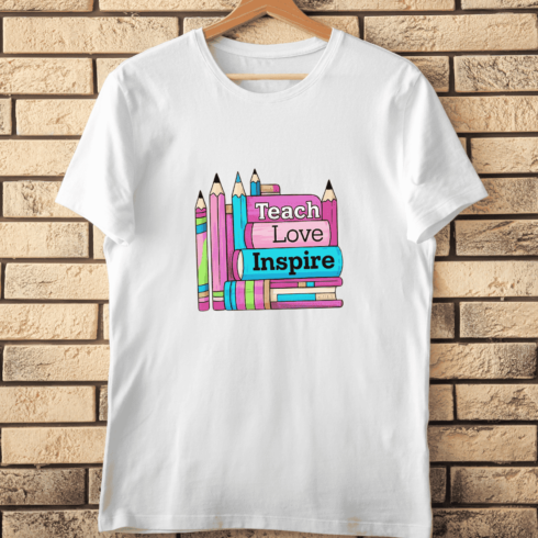 Teach Love Inspire Books Pencils T-Shirt Design cover image.