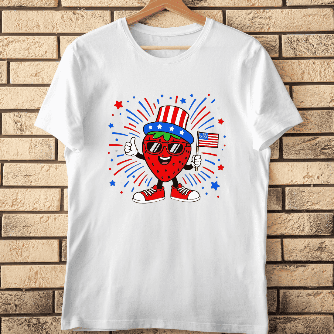 Patriotic Strawberry with USA Flag T-Shirt Design cover image.