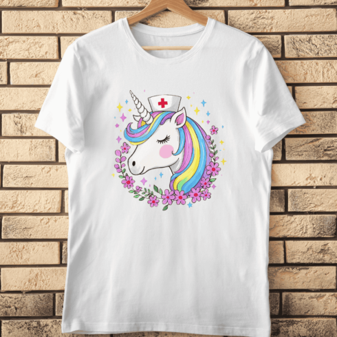 Unicorn with Nurse Hat and Flowers T-Shirt Design cover image.
