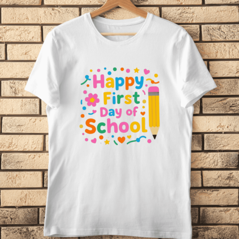 Pencil and First Day of School Greeting T-Shirt Design cover image.