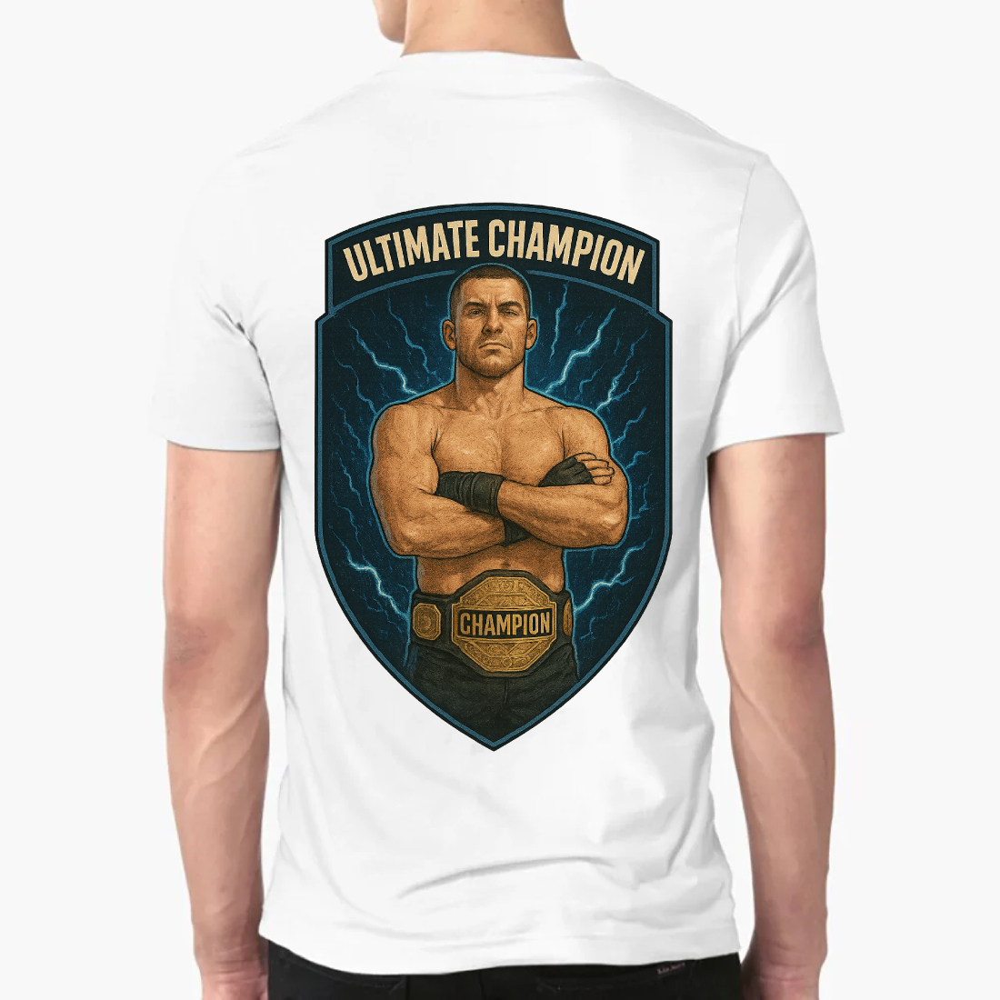 Ultimate Champion MMA T-Shirt Design - Championship Belt Fighter Vector Art preview image.