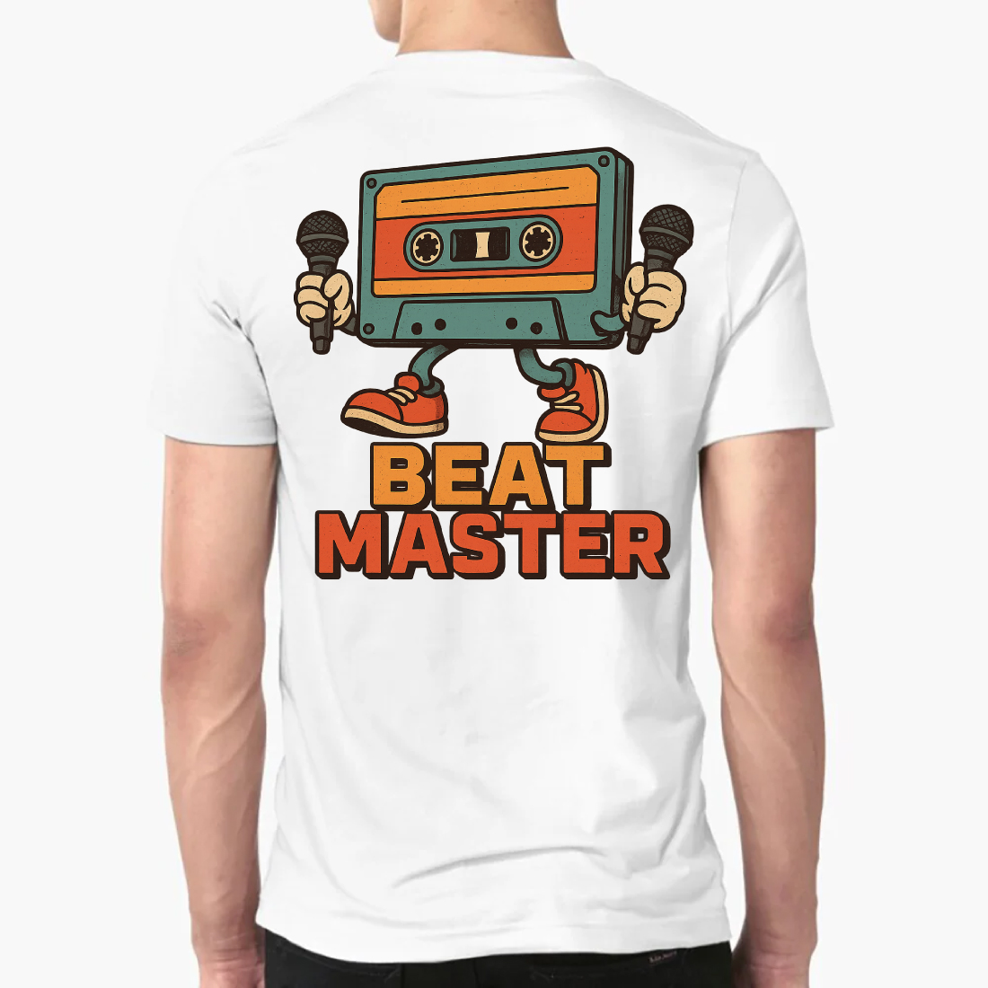Beat Master Retro Cassette Tape Character T-Shirt Design - Vintage Music Hip Hop DJ Graphics preview image.