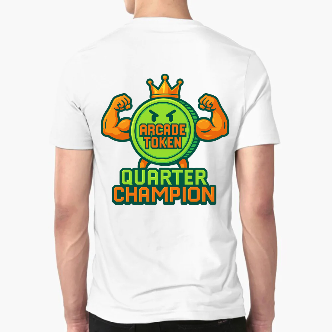 Quarter Champion Arcade Token Mascot T-Shirt Design - Retro Gaming Muscle Character Graphics preview image.