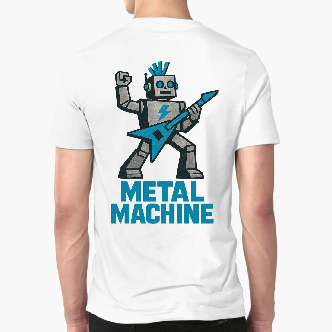 Metal Machine Robot T-Shirt Design - Retro Futuristic Guitarist Vector Graphic preview image.