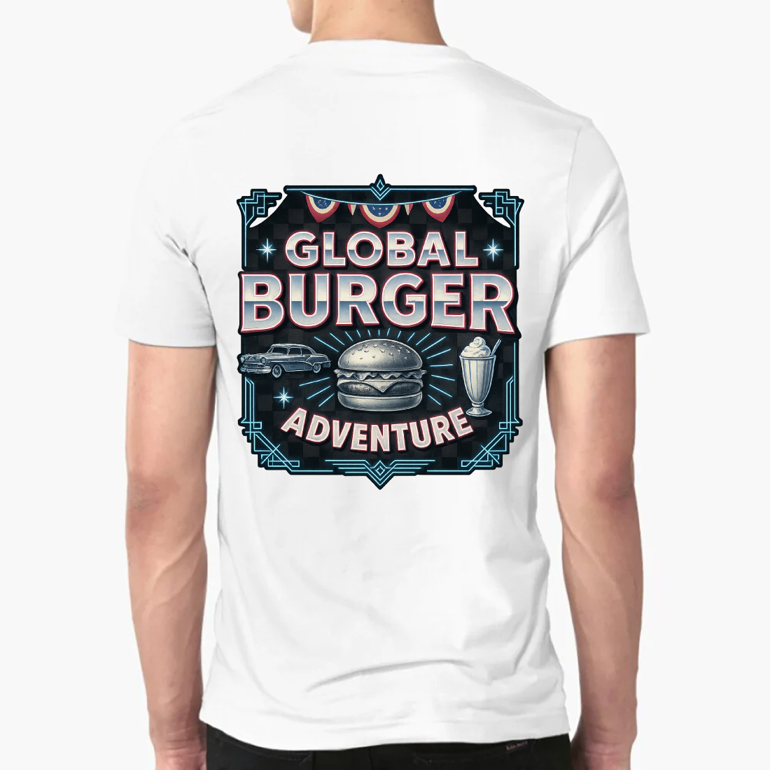 Global Burger Adventure Vintage T-Shirt Design - Retro Food Graphic preview image.