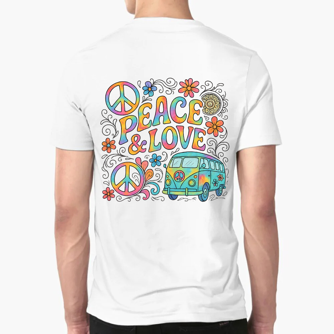 Peace & Love Coloring Book Style T-Shirt Design with Hippie Van and Mandala preview image.