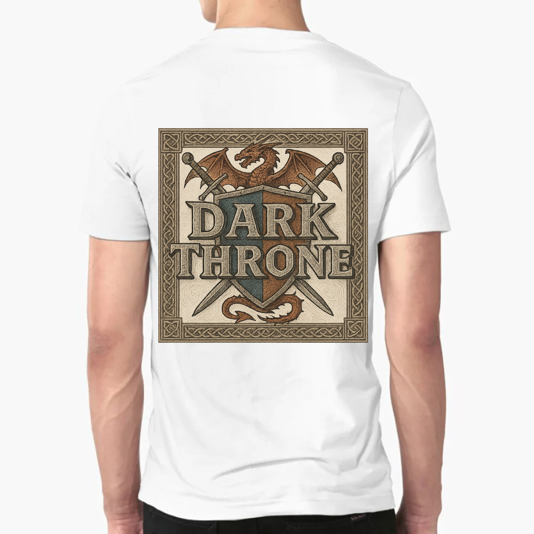 Dark Throne Medieval Fantasy T-Shirt Design with Dragons and Swords preview image.