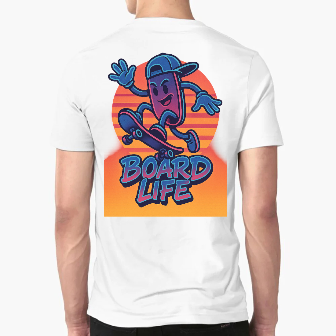 Board Life Retro Skateboard Character T-Shirt Design - 80s Vaporwave Skater Graphics preview image.