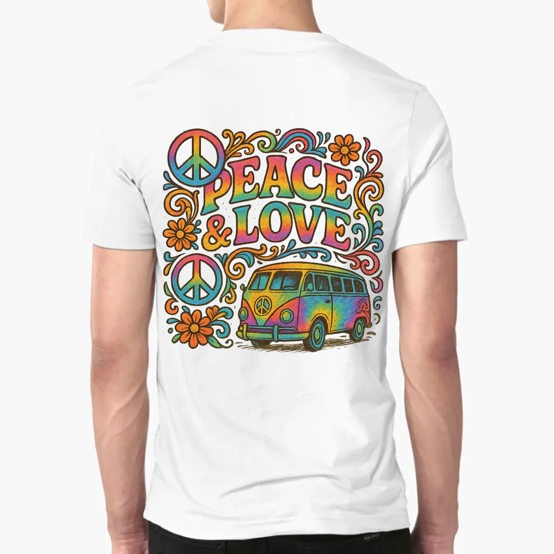 Peace & Love Hippie T-Shirt Design with Vintage Van and Psychedelic Elements preview image.