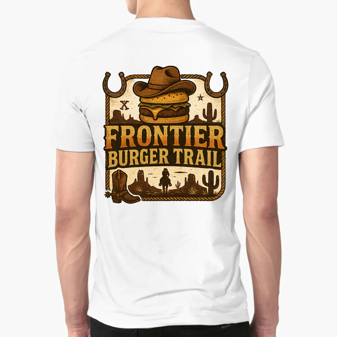 Frontier Burger Trail Western Cowboy T-Shirt Design - Vintage Wild West Food Graphic preview image.