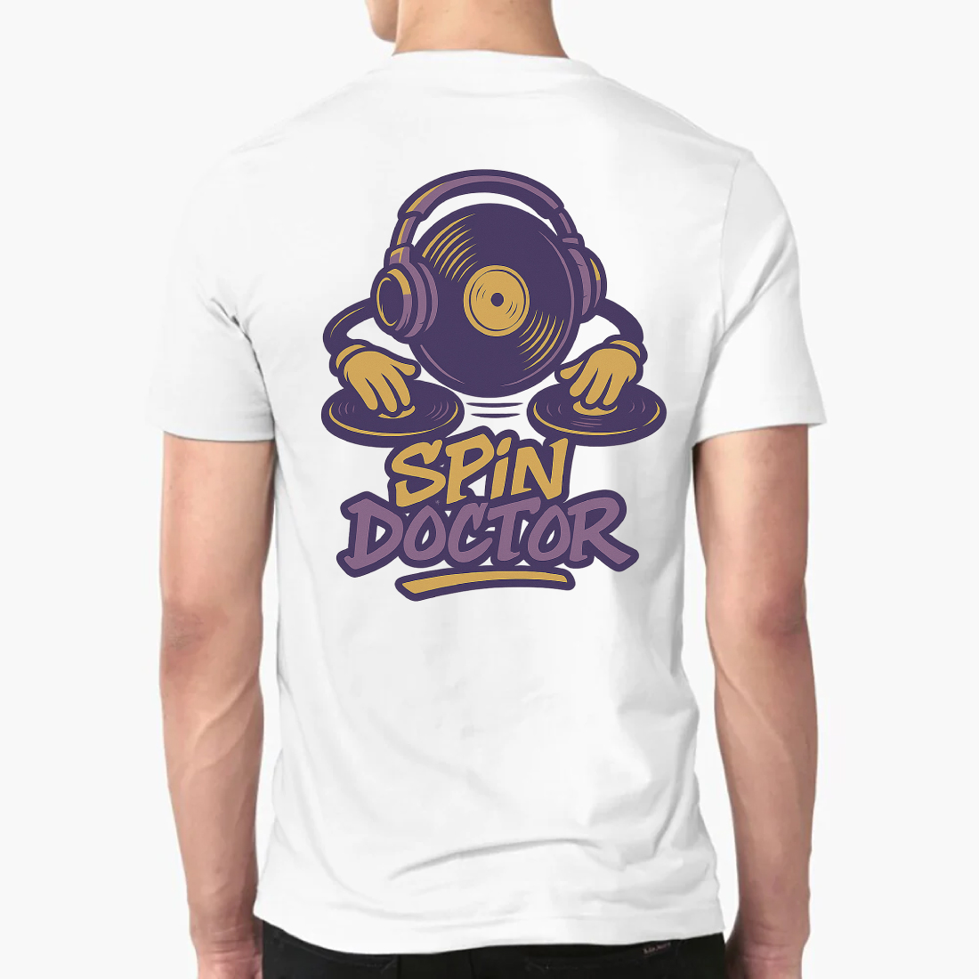 Spin Doctor DJ Vinyl Record Character T-Shirt Design - Retro Turntable Music Graphics preview image.