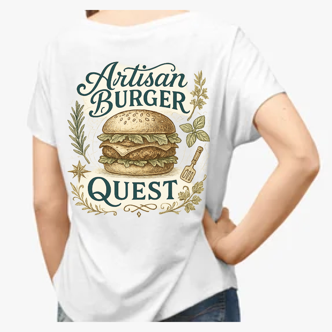 Artisan Burger Quest Vintage T-Shirt Design - Hand-Drawn Food Graphic preview image.