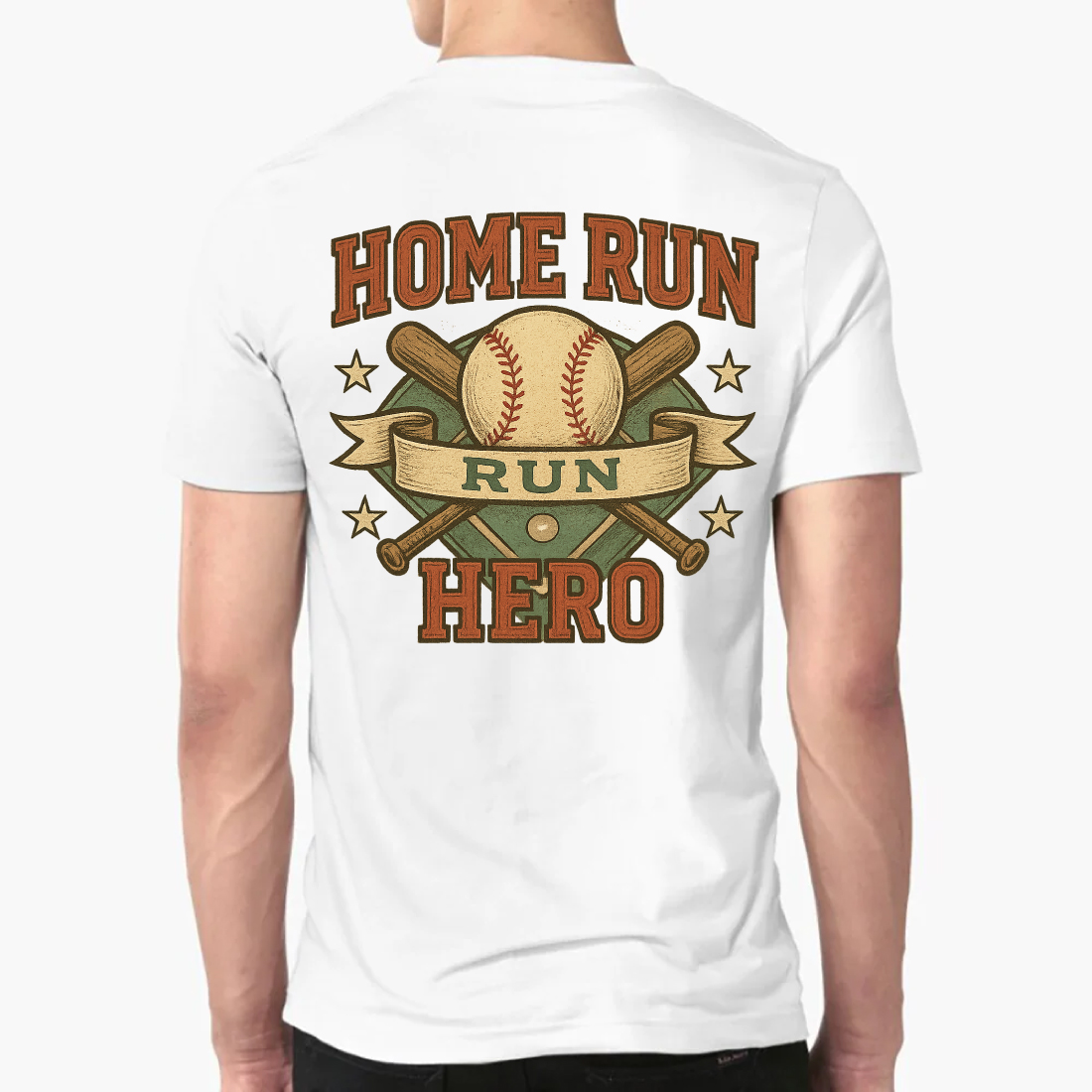 Home Run Hero Vintage Baseball T-Shirt Design with Crossed Bats and Stars preview image.