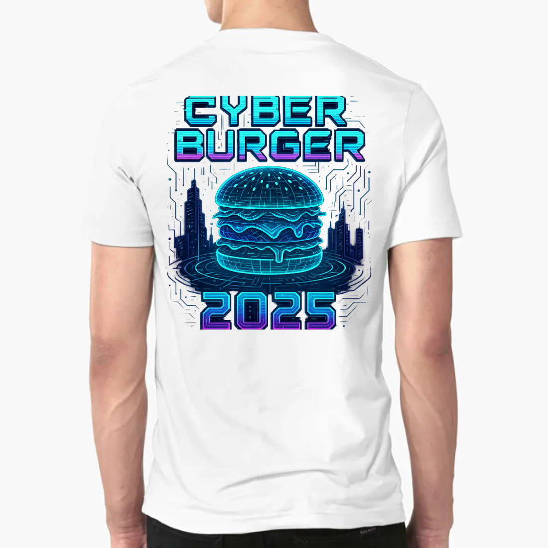 Cyber Burger 2025 Futuristic T-Shirt Design - Sci-Fi Food Graphic preview image.
