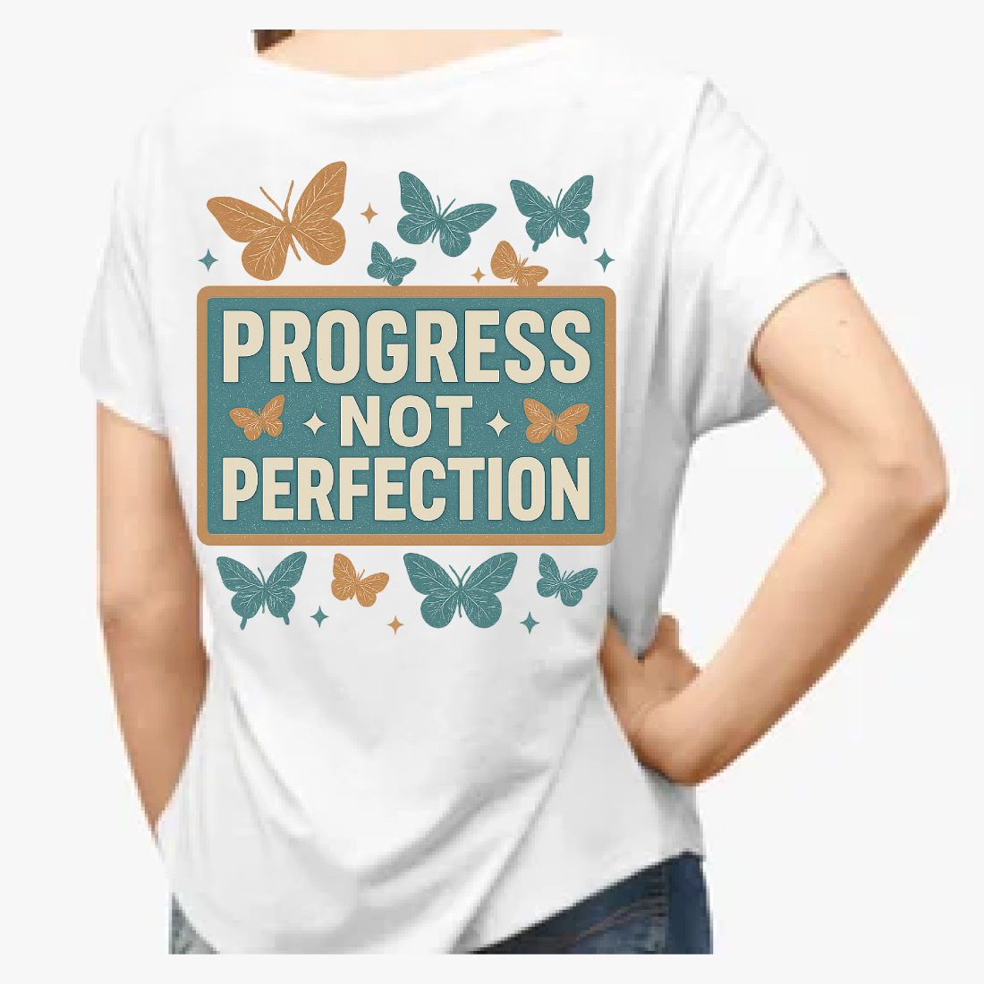 Progress Not Perfection - Butterfly Motivational T-Shirt Design preview image.